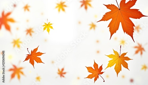Autumn leaves float on white background. Vibrant colors of orange, yellow. Seasonal beauty of fall. Isolated image for design. Natural beauty of maple leaves. Great for nature themed projects. Use