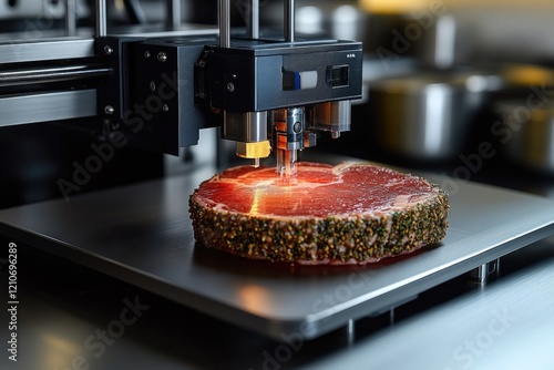 A piece of meat being printed by a 3D printer, innovative technology for food production photo