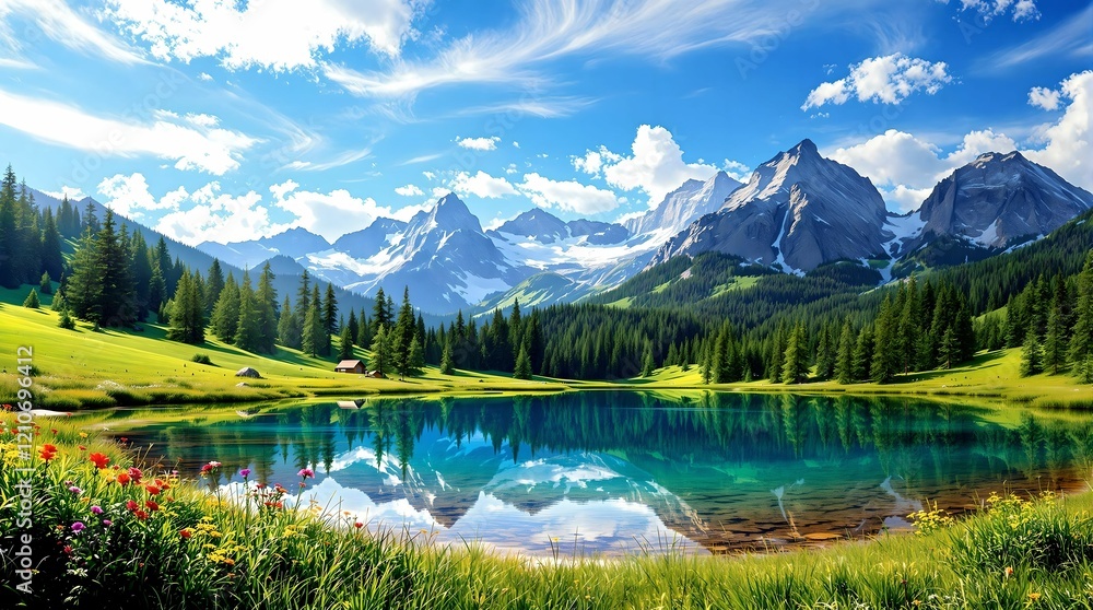 Beautiful landscape with green field and wild tulips under blue cloudy sky. Neural network AI generated art