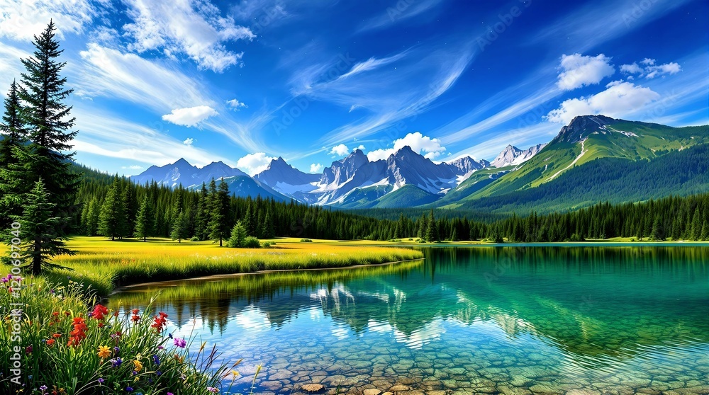 Beautiful landscape with green field and wild tulips under blue cloudy sky. Neural network AI generated art