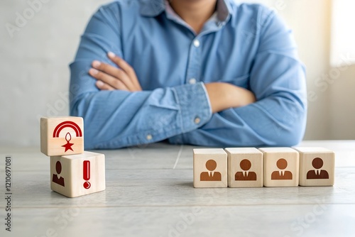 Customer retention concept. Inbound marketing strategy. Attracting potential customers. Hand puts wooden cubes with magnet attracts customer icons on beautiful grey background and copy space. Loyalty photo