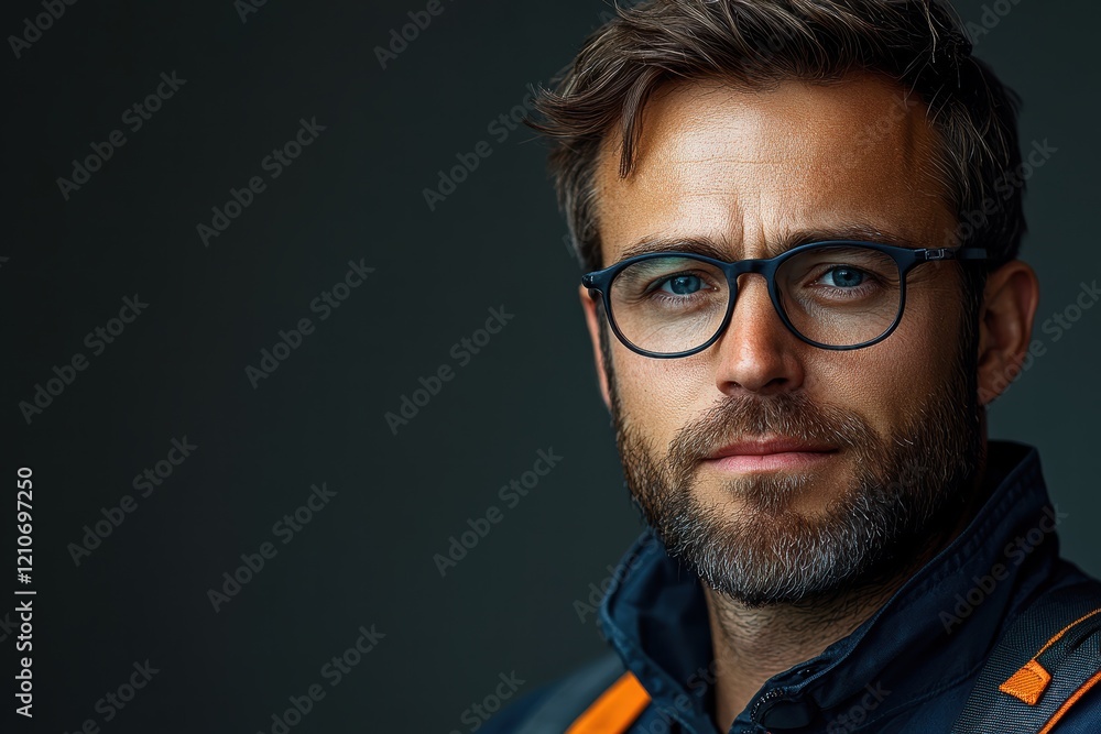 Fototapeta premium Portrait of a man with glasses and a beard in a serious expression against a dark background
