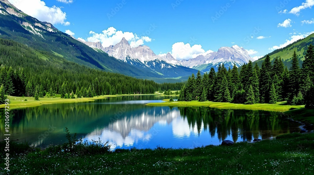 Beautiful landscape with green field and wild tulips under blue cloudy sky. Neural network AI generated art