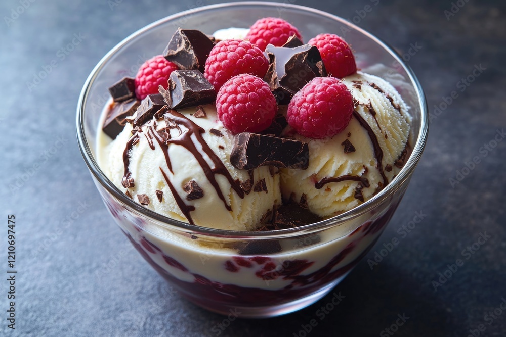 Fresh raspberries and chocolate mixed with creamy ice cream Fresh raspberries and chocolate mixed with creamy ice cream