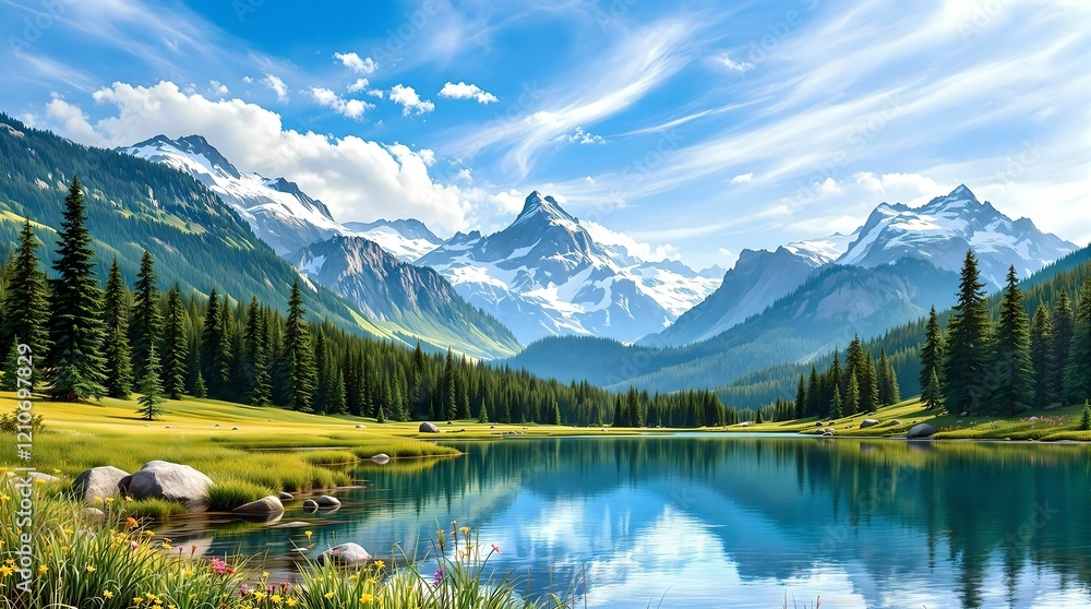 Beautiful landscape with green field and wild tulips under blue cloudy sky. Neural network AI generated art