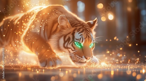 Wooden tiger with LED outlines in a grand ballroom with sparkling chandeliers. Generative AI photo