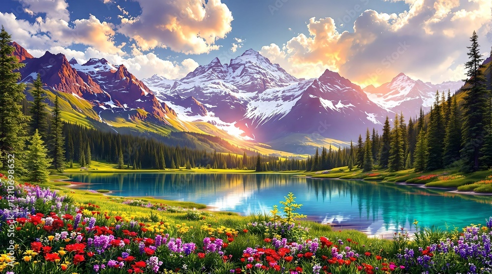 Beautiful landscape with green field and wild tulips under blue cloudy sky. Neural network AI generated art