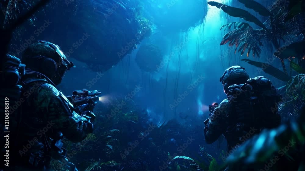 Two soldiers equipped and prepared, exploring underwater environments with futuristic gear. Two soldiers equipped and prepared, exploring underwater environments with futuristic gear.