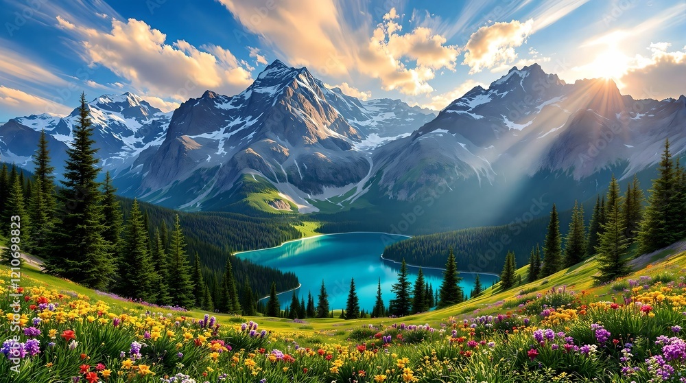 Beautiful landscape with green field and wild tulips under blue cloudy sky. Neural network AI generated art