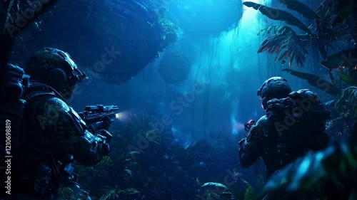 Wallpaper Mural Two soldiers equipped and prepared, exploring underwater environments with futuristic gear. Torontodigital.ca