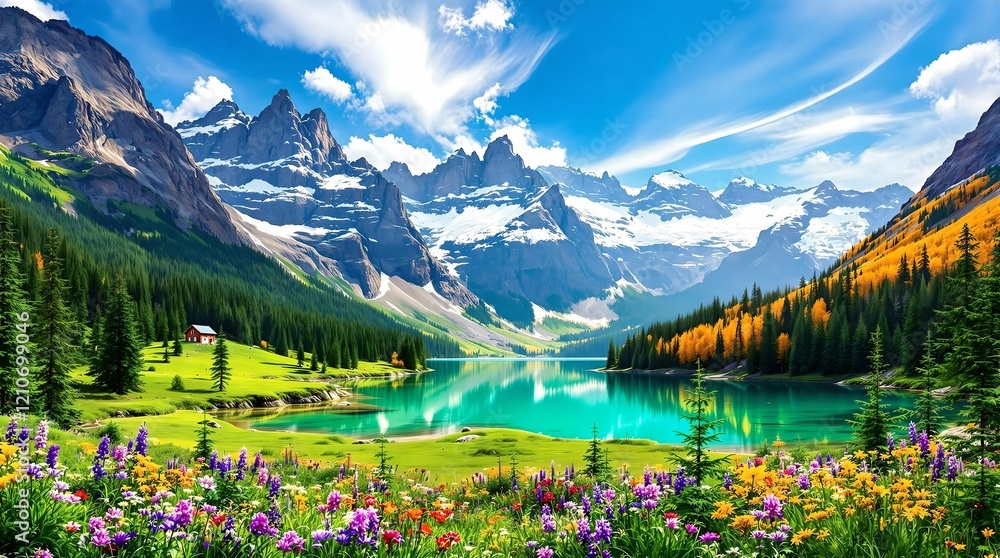 Beautiful landscape with green field and wild tulips under blue cloudy sky. Neural network AI generated art