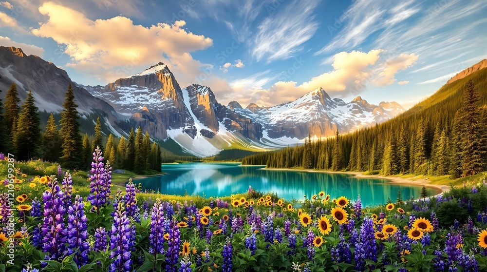 Beautiful landscape with green field and wild tulips under blue cloudy sky. Neural network AI generated art