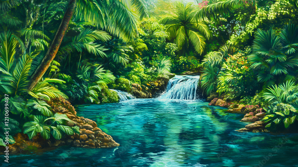 A tropical paradise where a river and its tributaries flow toward a hidden lagoon destination, surrounded by lush greenery, vibrant and inviting. Sapphire River. Illustration A tropical paradise where a river and its tributaries flow toward a hidden lagoon destination, surrounded by lush greenery, vibrant and inviting. Sapphire River. Illustration