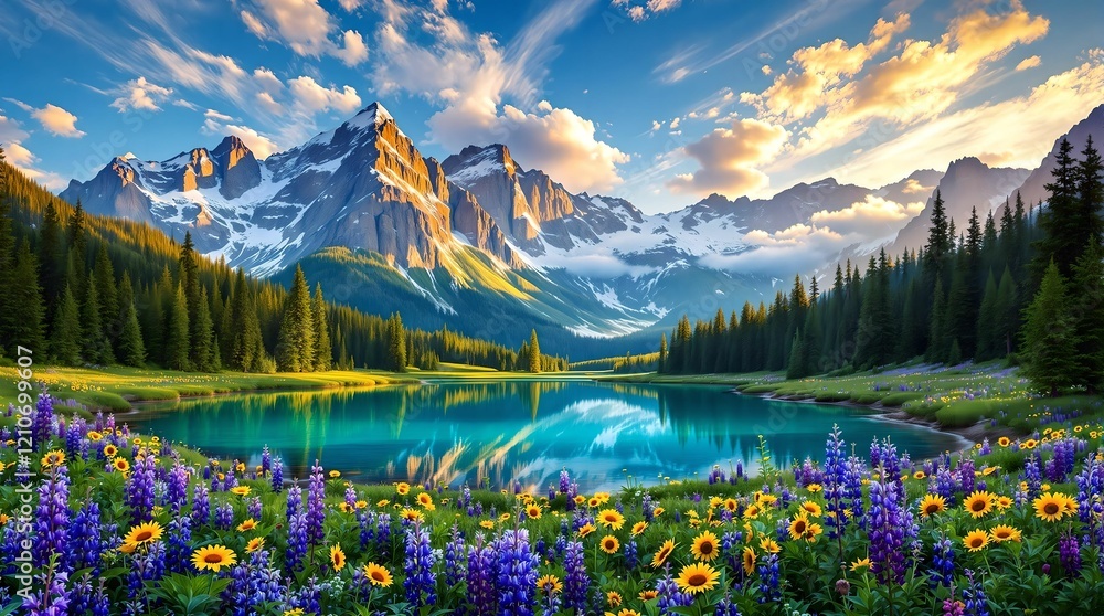 Beautiful landscape with green field and wild tulips under blue cloudy sky. Neural network AI generated art
