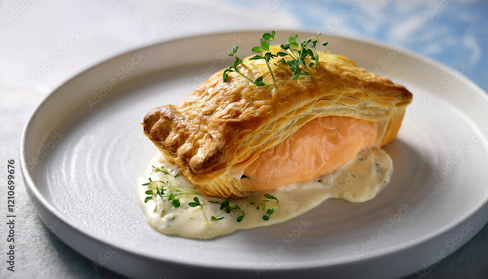 A perfectly baked Salmon en Croûte wrapped in golden puff pastry, served with creamy dill sauce, and garnish with microgreens on a clean white plate. Perfect for seafood dishes, or festive menus A perfectly baked Salmon en Croûte wrapped in golden puff pastry, served with creamy dill sauce, and garnish with microgreens on a clean white plate. Perfect for seafood dishes, or festive menus
