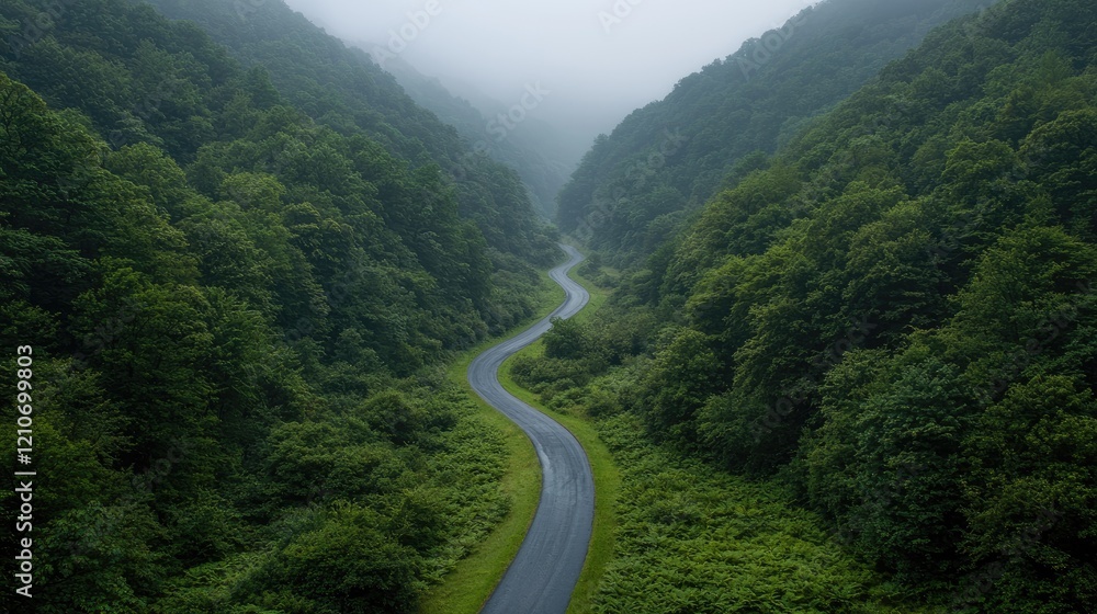 Fototapeta premium Winding road through misty green valley, aerial view