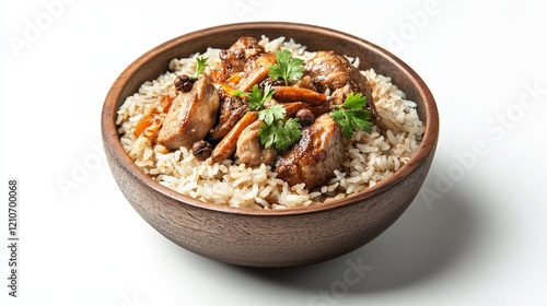 Chicken Biryani with Rice and Spices Isolated Over White Background