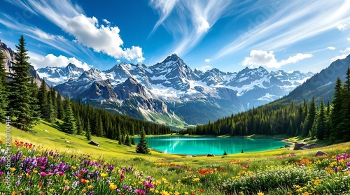 Beautiful landscape with green field and wild tulips under blue cloudy sky. Neural network AI generated art