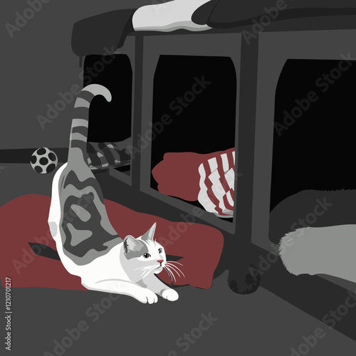 Grey tabby cat stretching gracefully on maroon rug with pet furniture in background. Concept of pet comfort, animal behavior, feline lifestyle.