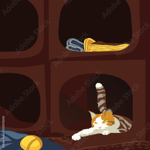 Orange and white cat lounging contentedly in dark wooden cubbyhole with folded items nearby. Concept of pet furniture, cozy spaces, feline comfort.