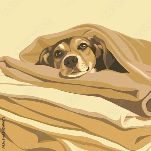 Peaceful beagle dog wrapped in beige blankets gazing directly at camera with calm, comfortable expression. Concept of pet comfort, veterinary care, animal wellness