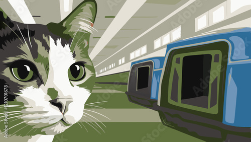 Curious calico cat looking directly at camera through shelter cage bars, expressive green eyes gazing with calm alertness in veterinary setting. Concept of animal shelter, veterinary clinic, pet adopt