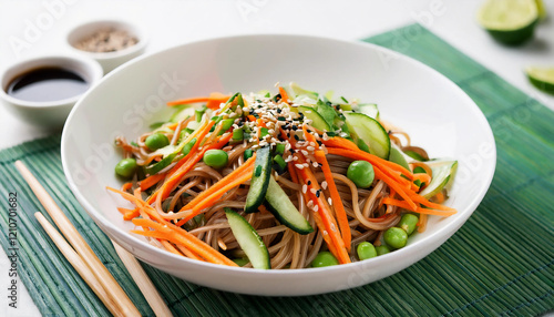 Wallpaper Mural A refreshing soba noodle salad with julienned carrots, cucumbers, edamame, and sesame seeds, tossed in sesame dressing, styled in a white bowl with a bright background. Great for wellness content Torontodigital.ca