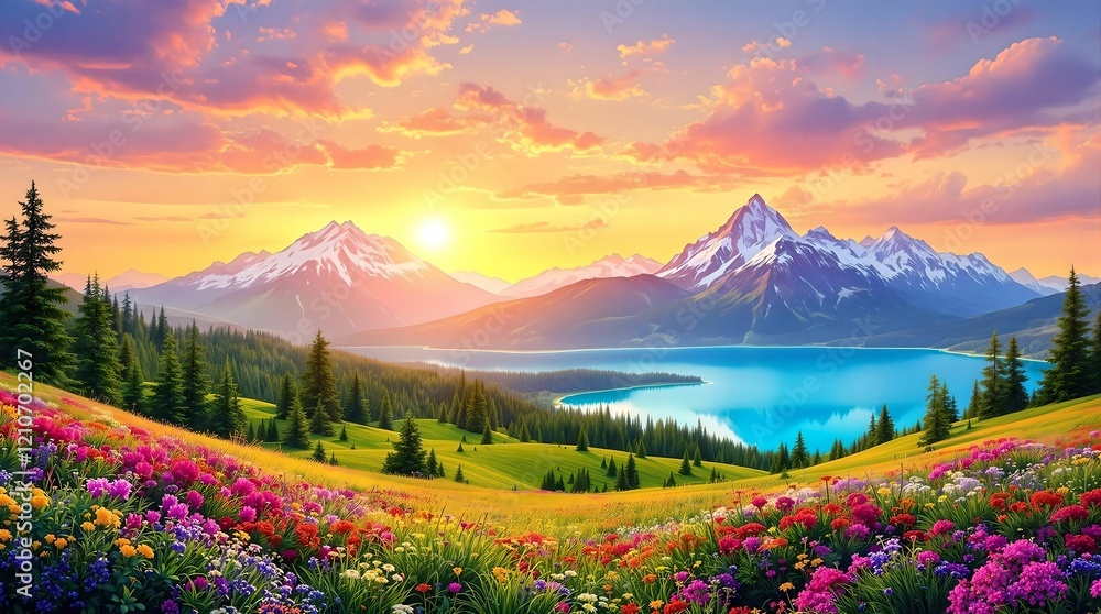 Beautiful landscape with green field and wild tulips under blue cloudy sky. Neural network AI generated art