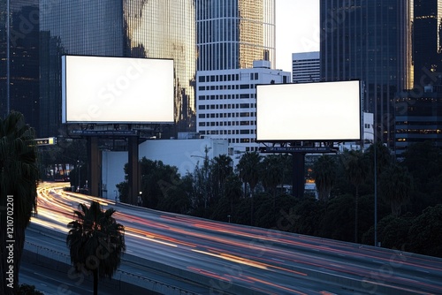 Urban landscape with high-rise buildings and busy street life photo