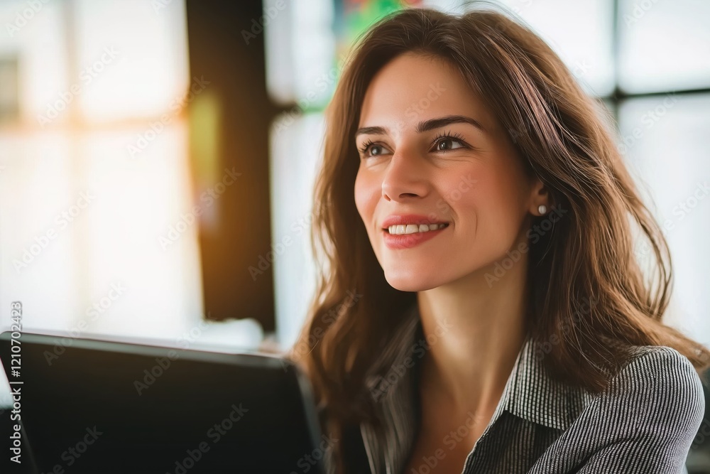 Young happy businesswoman working on laptop in a modern office environment with colleagues while visualizing stock exchange data Young happy businesswoman working on laptop in a modern office environment with colleagues while visualizing stock exchange data