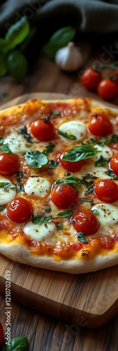 Delicious margherita pizza with cherry tomatoes and basil.