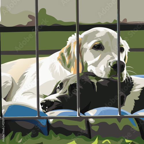 Two dogs resting peacefully behind metal fence, black and white companions sharing quiet moment, blurred green outdoor setting. Concept of animal friendship, shelter life, pet companionship