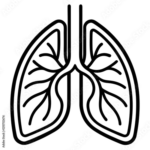 Black and white anatomical line drawing of bronchial system in human lungs, detailed medical illustration showing branching airways. Concept of pulmonology, respiratory medicine, medical education