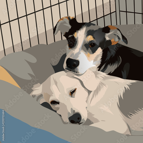 Two dogs cuddling inside wire crate, tri-colored mix and golden retriever resting together on dog bed, cozy shelter environment. Concept of animal shelter, pet adoption, animal care