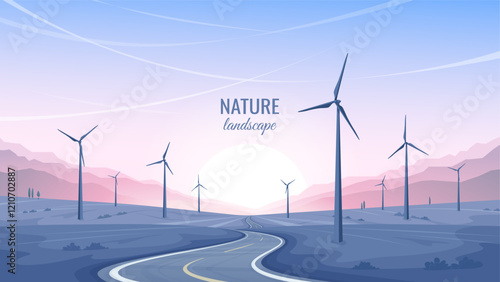A road through a field with wind turbines. Green energy of wind generators. Mountainous landscape on the background of sunset. Vector illustration.