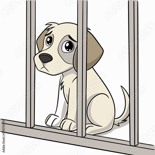 Lonely tan puppy gazing sadly through metal cage bars, expressive emotional eyes looking at camera, clean shelter setting. Concept of animal welfare, pet rescue, adoption services