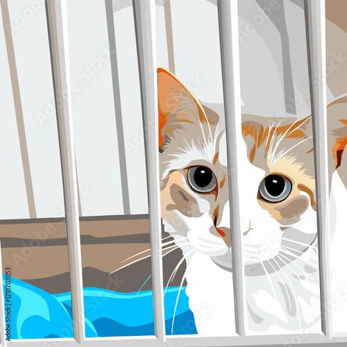 Orange and white cat resting on teal cushion inside white carrier, forlorn expression gazing through bars, cozy pet containment scene. Concept of pet boarding, animal welfare, temporary housing.