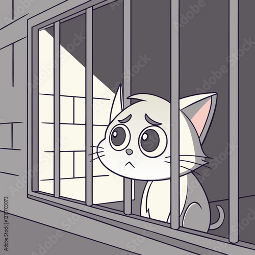 Grey cat with large sorrowful eyes gazing through barred window, minimalist illustration showing despair in stone building setting. Concept of animal welfare, emotional storytelling, social advocacy.