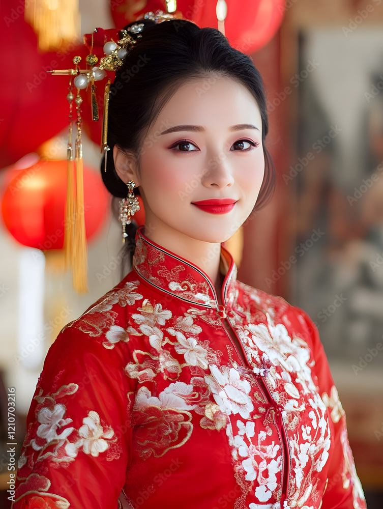 Elegant Portrait of Woman in Traditional Red Dress with Ornate Bride Headdress : Generative AI Elegant Portrait of Woman in Traditional Red Dress with Ornate Bride Headdress : Generative AI