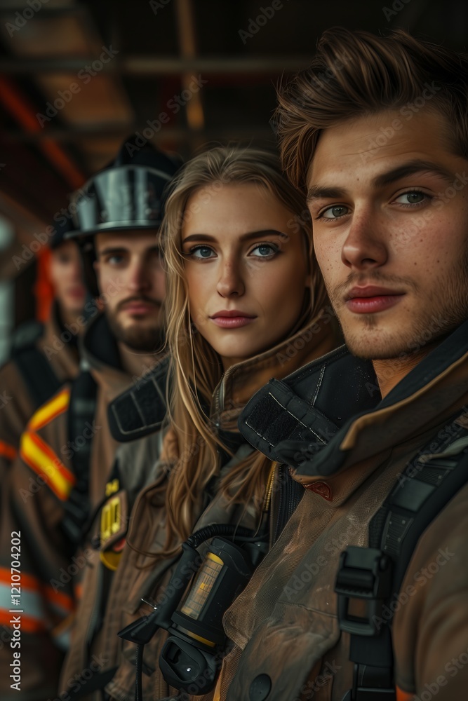 Fototapeta premium Brave firefighters showcasing teamwork and dedication in their protective gear.