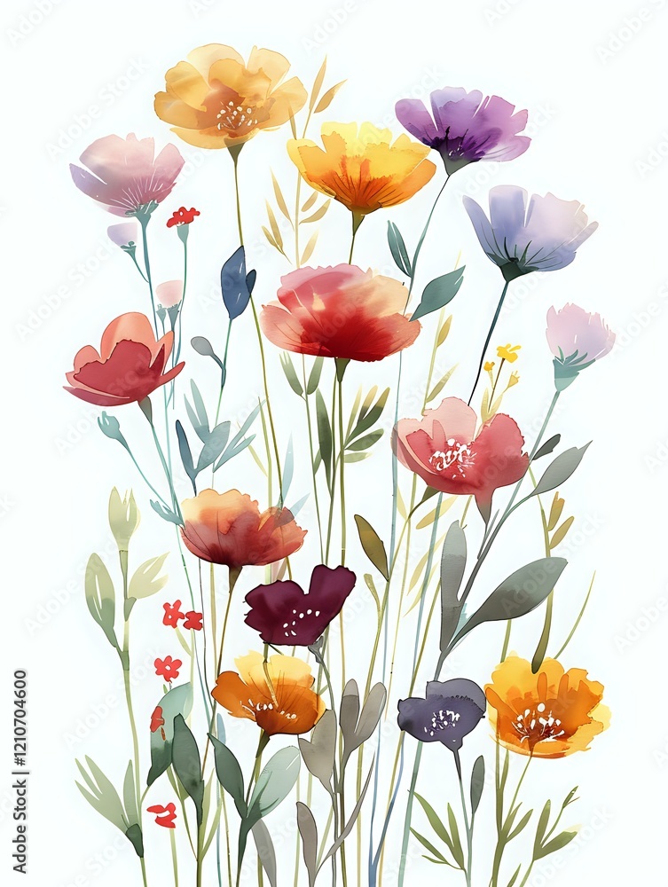 Fototapeta premium Delicate watercolor wildflowers in soft pastel colors featuring poppies and meadow blooms perfect for wedding invitations, greeting cards, and romantic spring designs.