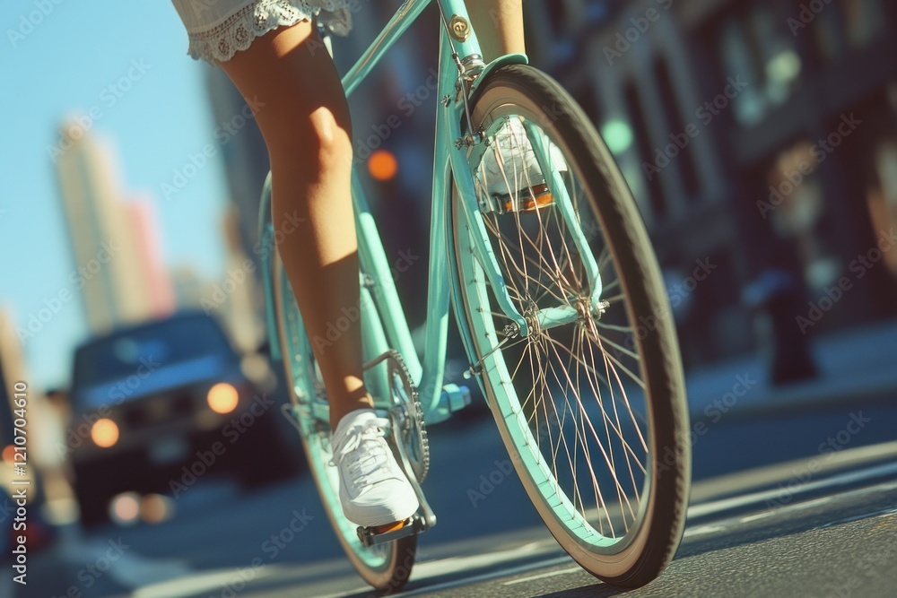 Naklejka premium A Woman Rides a Pastel Green Bicycle Through a City Street on a Sunny Day