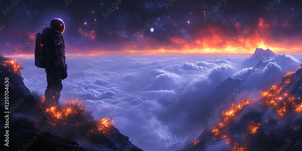 Astronaut on burning alien planet. Astronaut on burning alien planet.