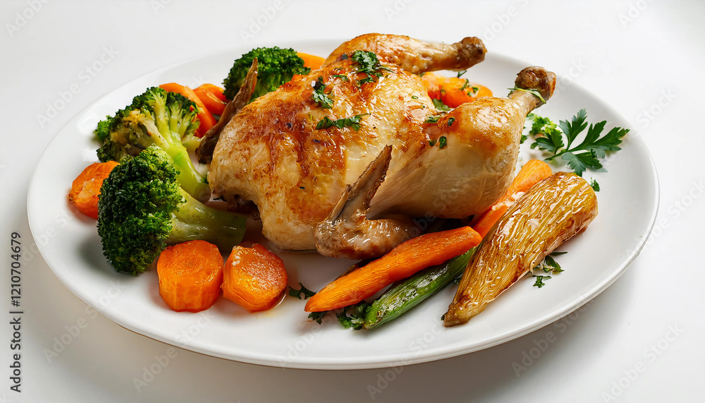 A tender oven-baked chicken served with roasted broccoli, carrots, and sweet potatoes, arranged on a white plate with a sprinkle of fresh parsley on a clean, bright background A tender oven-baked chicken served with roasted broccoli, carrots, and sweet potatoes, arranged on a white plate with a sprinkle of fresh parsley on a clean, bright background