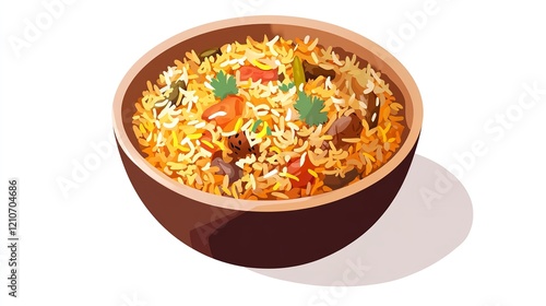 Top View of 32-bit Pakistani Biryani in a Vector Cartoon