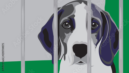 Beagle with purple-tinted ears gazing through metal bars, showing melancholic expression. Stylized illustration depicting confinement. Concept of animal welfare, shelter life, pet adoption.