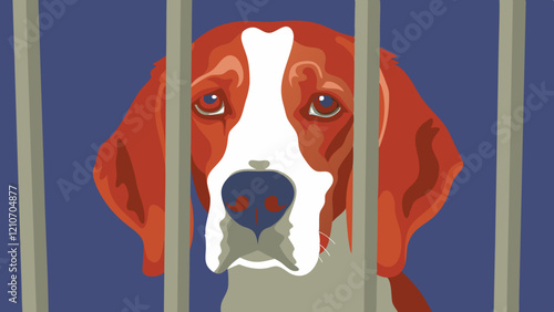 Sad beagle gazing through cage bars, dejected expression showing loneliness, reddish-brown fur with white markings against blue background. concept of animal welfare, pet adoption, shelter advocacy
