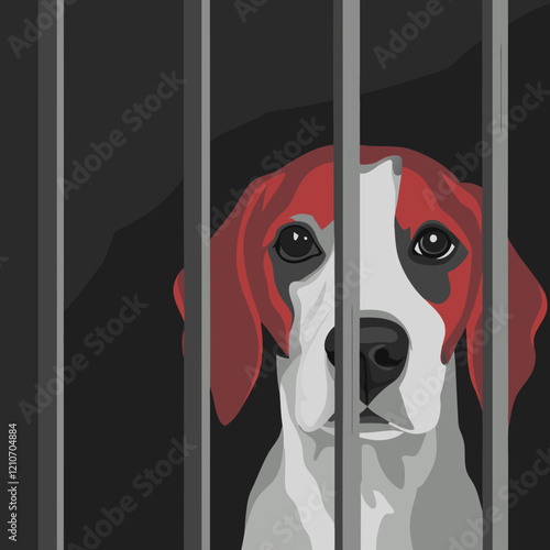 Stylized beagle with vibrant red ears behind dark bars, showing passive melancholic expression. Artistic interpretation of confinement. Concept of animal rights, shelter awareness, pet adoption advoca