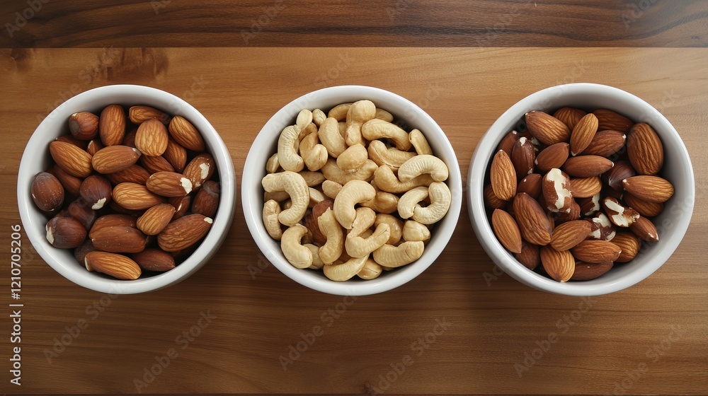 Bowls of mixed nuts on a wooden table Bowls of mixed nuts on a wooden table