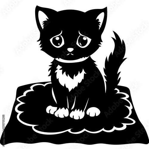 Black and white illustration of lonely kitten sitting on mat, large teardrop eyes expressing sadness, simple line art style. concept of pet adoption, animal welfare, shelter awareness